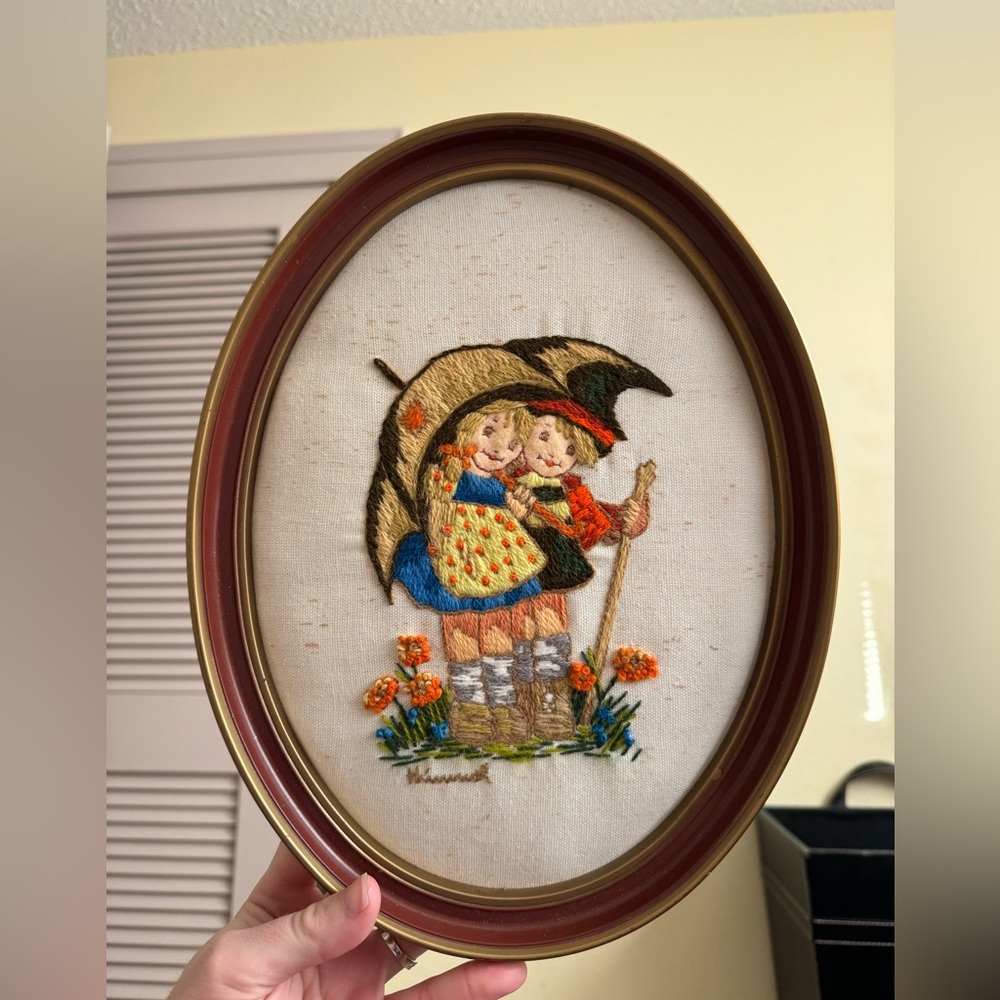 Vintage Hummel Embroidery in Frame Authentic Handmade Wall Decor